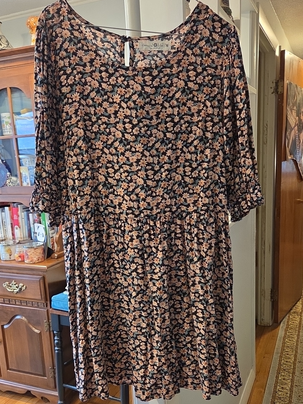 NATURAL LIFE Black Midi Dress with Blush Floral Print